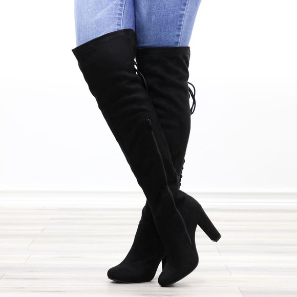 Black Over The Knee Heeled Boots Thigh High Suede With Lace Up Back - Picture 10 of 14